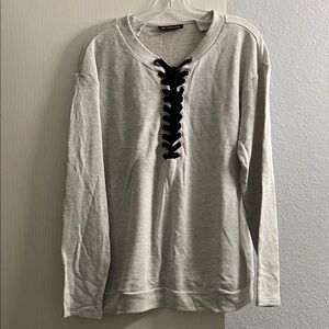 INC International Concepts Light Gray Knit Pullover with Black Brand Trim